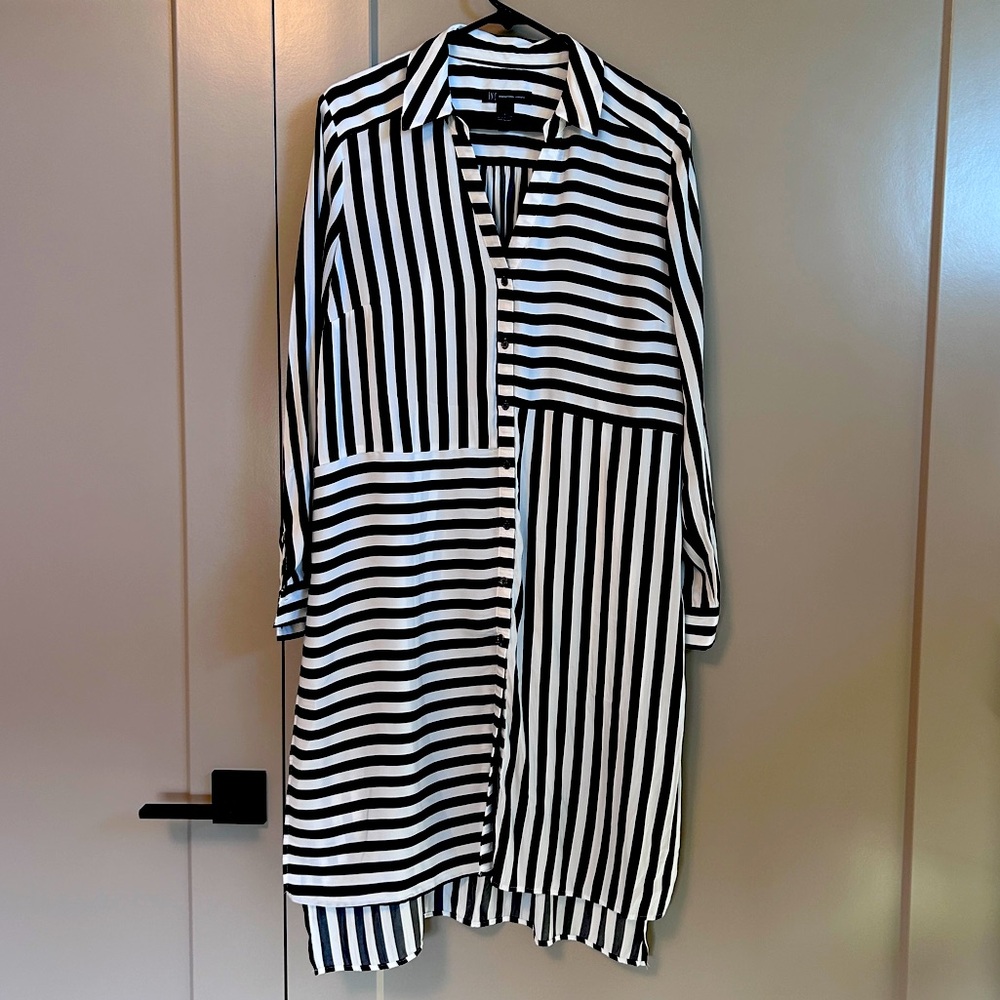 INC striped button down shirt dress black and white Large